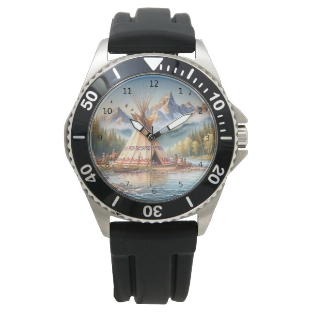 Traditionele Indiaanse tipi Natuur scène Digi Horloge (Voorkant)