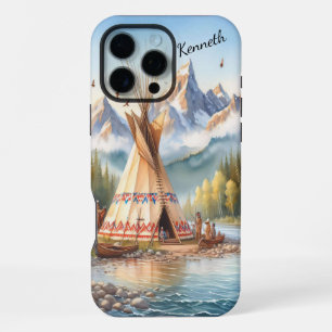 Traditionele Indiaanse tipi Natuur scène Digi iPhone 16 Pro Max Hoesje