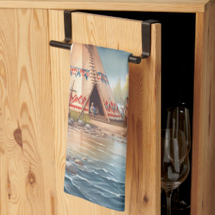 Traditionele Indiaanse tipi Natuur scène Digi Theedoek