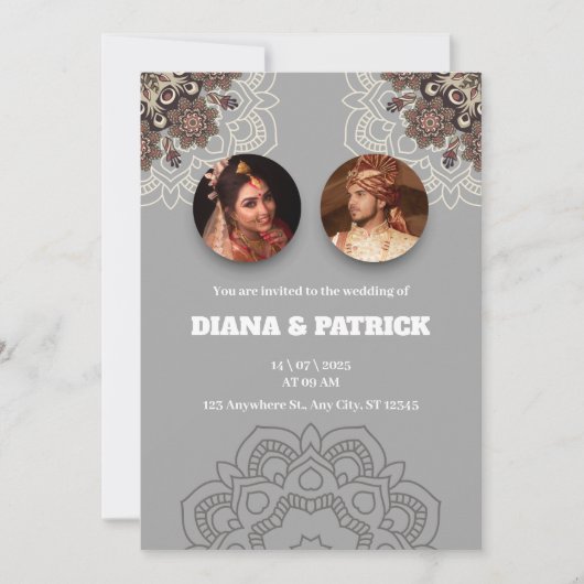 Traditionele Indiase huwelijksuitnodiging in grijs Kaart (Voorkant)