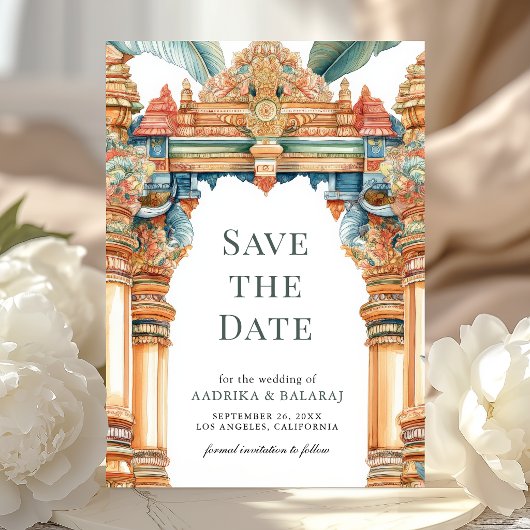 Traditionele ingewikkelde boog Zuid-Indiase bruilo Save The Date