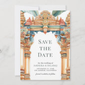 Traditionele ingewikkelde boog Zuid-Indiase bruilo Save The Date (Voorkant)