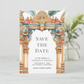Traditionele ingewikkelde boog Zuid-Indiase bruilo Save The Date (Staand voorkant)