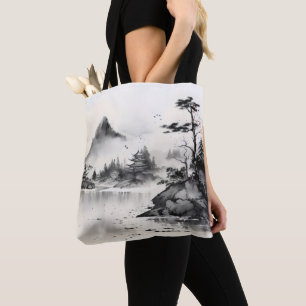 Traditionele inktschildering meer tote bag