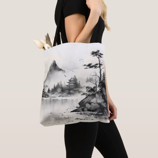 Traditionele inktschildering meer tote bag (Dichtbij)