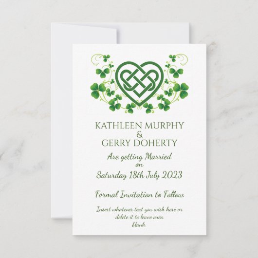 Traditionele Irish Celtic Love Knot en Shamrocks Save The Date (Achterkant)