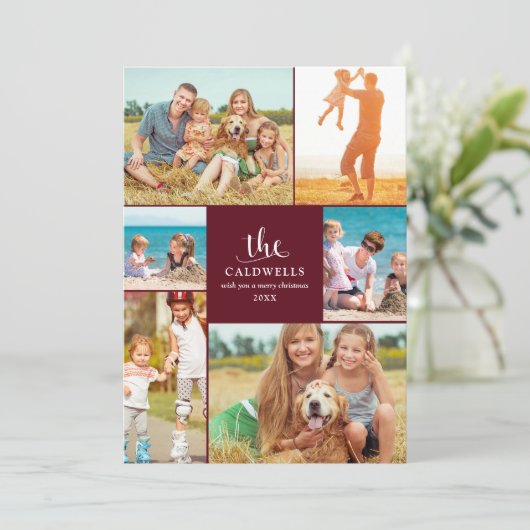 Traditionele jaarklieder fotocollage | Rood Feestdagenkaart (Staand voorkant)