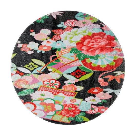 Traditionele Japanse Bloem Zwart Rood Glas Snijplank (Voorkant)