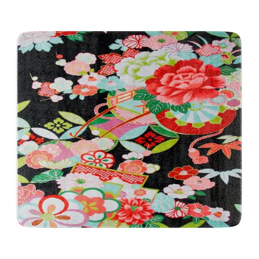 Traditionele Japanse Bloem Zwart Rood Glas Snijplank (Voorkant)