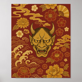 Traditionele Japanse Demon Art met Bloemen Golven Poster