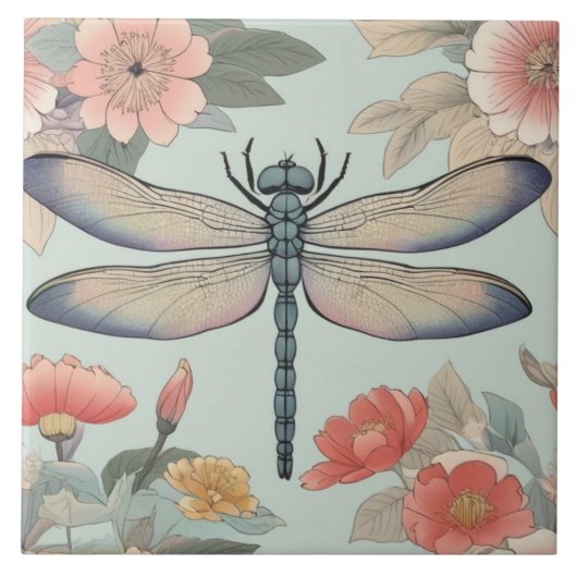 Traditionele Japanse Dragonfly Art Floral Mint Tegeltje (Voorkant)