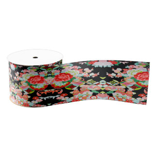 Traditionele Japanse Kimono Bloemen Zwart Rood Grosgrain Lint