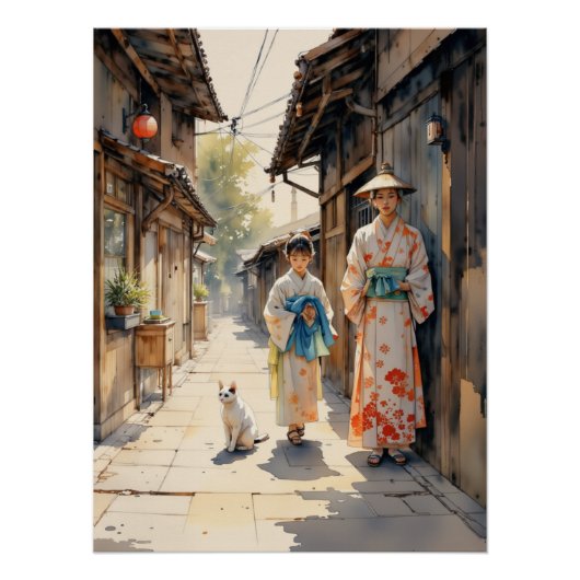 Traditionele Japanse Kimono Scene Street Art Perfect Poster (Voorkant)