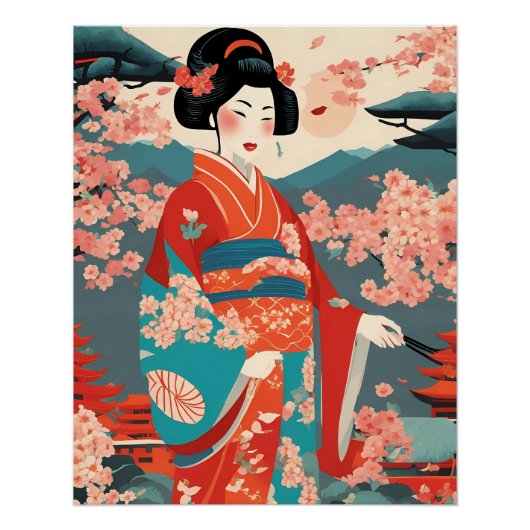 Traditionele Japanse kimono vrouw  kunst Perfect Poster (Voorkant)