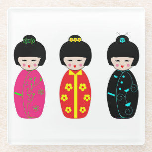 Traditionele Japanse Kokeshi Geisha Dolls Glazen Onderzetter