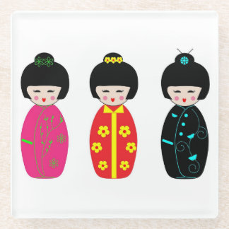 Traditionele Japanse Kokeshi Geisha Dolls Glazen Onderzetter