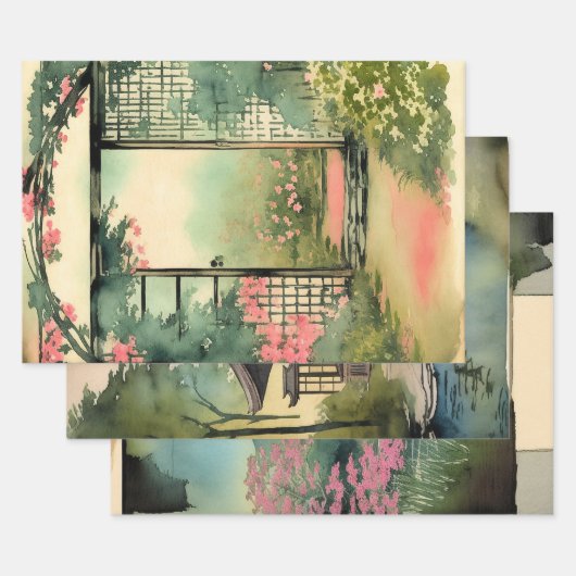 Traditionele Japanse Landscape Paint ephemera No10 Inpakpapier Vel (Set)