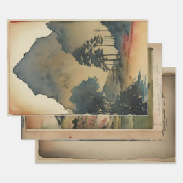 Traditionele Japanse Landscape Paint ephemera No11 Inpakpapier Vel