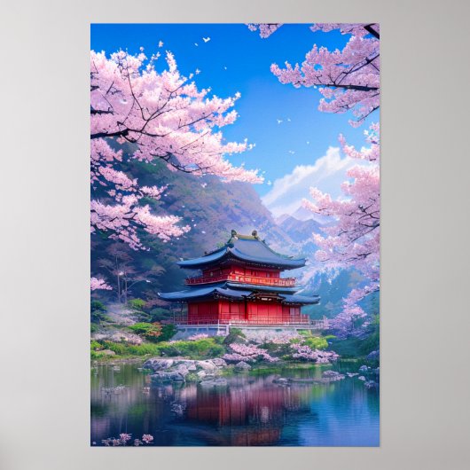 Traditionele Japanse tempel bij het Calm Lake Poster (Voorkant)
