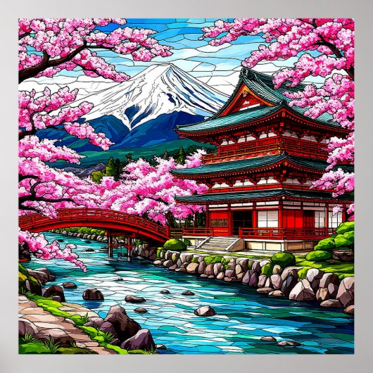 Traditionele Japanse tempel en brug Poster (Voorkant)