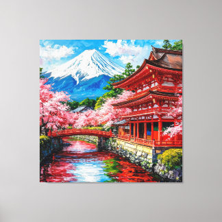 Traditionele Japanse tempel met kersenbloesem Canvas Afdruk