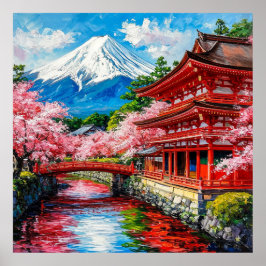 Traditionele Japanse tempel met kersenbloesem Poster