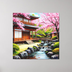 Traditionele Japanse Tuin Met Kersenbloesems Canvas Afdruk