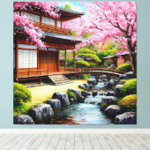 Traditionele Japanse tuin met kersenbloesems Canvas Afdruk (Insitu (Houten vloer))