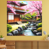 Traditionele Japanse tuin met kersenbloesems Canvas Afdruk (Insitu (Woonkamer))