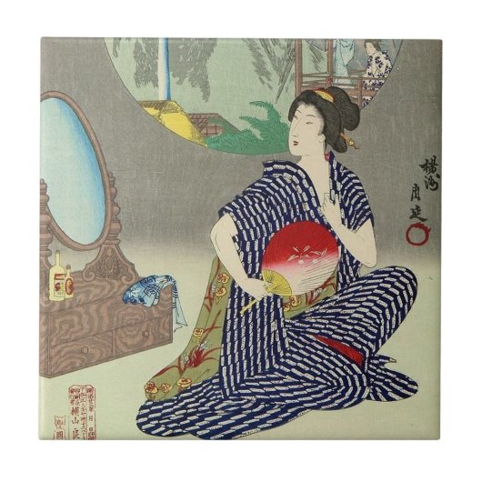 Traditionele Japanse Woodprint Geisha Ceramic Tile Tegeltje (Voorkant)