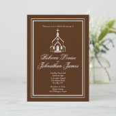 Traditionele kapel donkerbruin witte kerk bruiloft kaart (Staand voorkant)