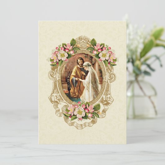 Traditionele Katholieke Bloemen Huwelijksuitnodigi Kaart (Staand voorkant)