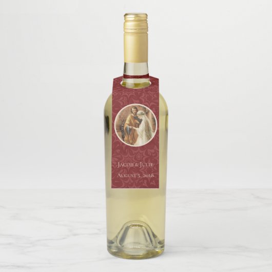 Traditionele katholieke bruiloft Maroon Damask Flessenhanger (Op fles)