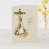 Traditionele katholieke condoleance crucifix kaart (Gele Bloem)