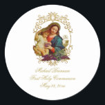 Traditionele katholieke Klassieke Eerste Heilige C Ronde Sticker<br><div class="desc">Geef ons prachtige,  traditionele katholieke Stropdas van de Eerste Heilige Communie een persoonlijk tintje met twee engelen die de Heilige Eucharisus aanprijzen. Alle tekst en doopvonten kunnen worden gewijzigd.</div>