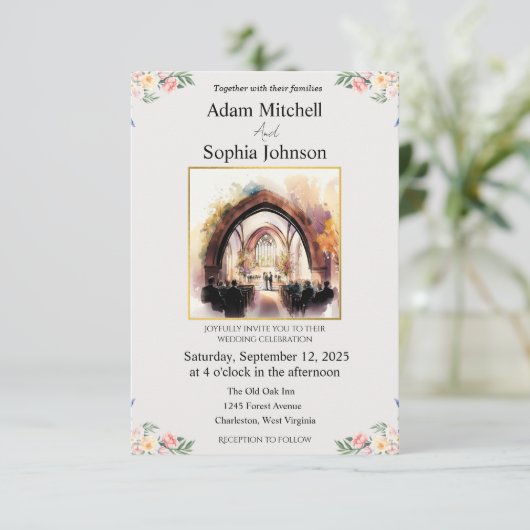 Traditionele kerk InterWatercolor Wedding Invite (Staand voorkant)