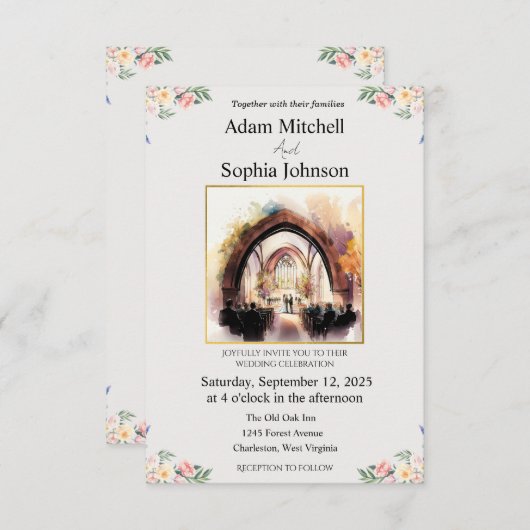 Traditionele kerk InterWatercolor Wedding Invite (Voorkant / Achterkant)