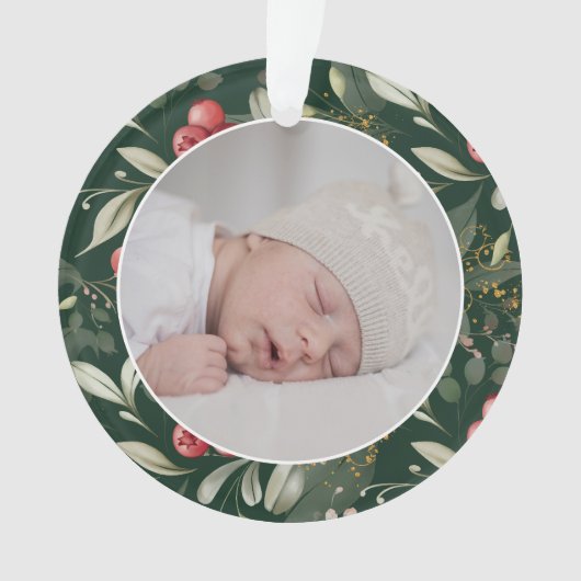 Traditionele kerst groen bessen foto ornament (voorkant)