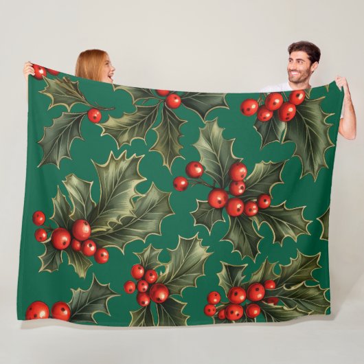 Traditionele kerst Holly accenten Fleece Deken (In situ)