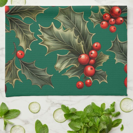 Traditionele kerst Holly accenten Theedoek (Gevouwen)
