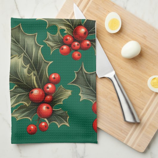 Traditionele kerst Holly accenten Theedoek (Quarter Fold)