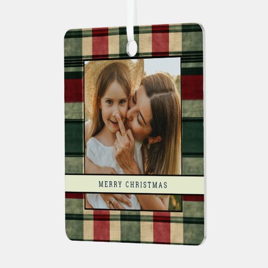 Traditionele kerst Plaid 2 foto kerstboom Metalen Ornament (Voorkant links)