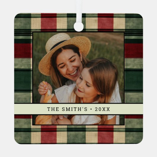 Traditionele kerst Plaid 2 foto kerstboom Metalen Ornament (Achterkant)