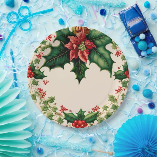 Traditionele kerst-Poinsettia Holly Papieren Bordje (Feest)