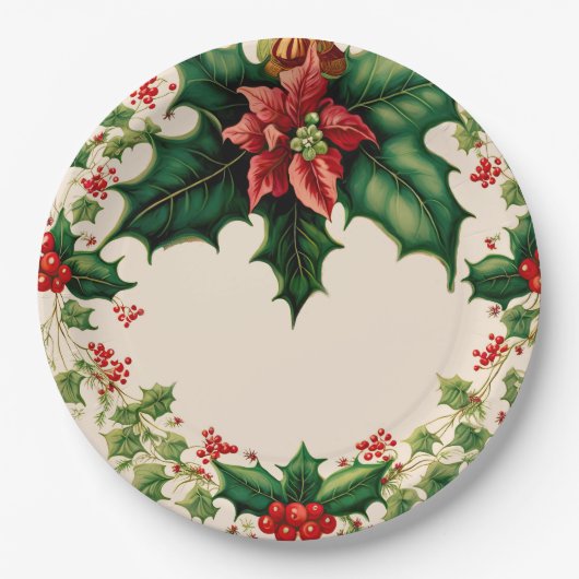 Traditionele kerst-Poinsettia Holly Papieren Bordje (Voorkant)