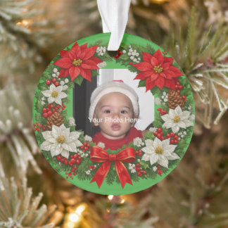 Traditionele Kerst Poinsettia Krans Foto Ornament