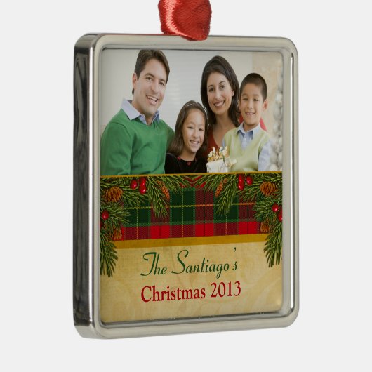 Traditionele Kerst Tartan Plaid Rood Groen Kerstmi Metalen Ornament (Rechts)