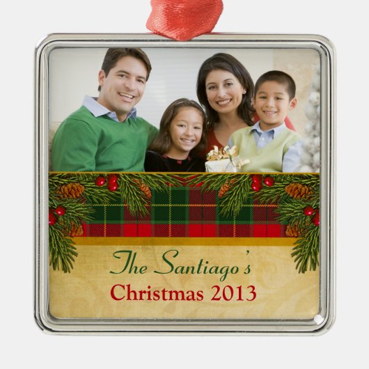 Traditionele Kerst Tartan Plaid Rood Groen Kerstmi Metalen Ornament (Voorkant)