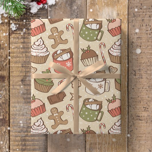 Traditionele Kerst Vintage Heet Cacaatje Cupcake Cadeaupapier