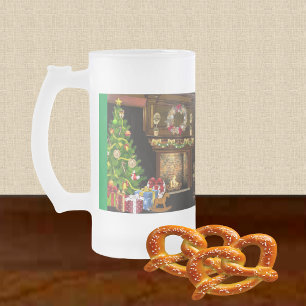 Traditionele kerstboom, geschenken & open haard matglas bierpul